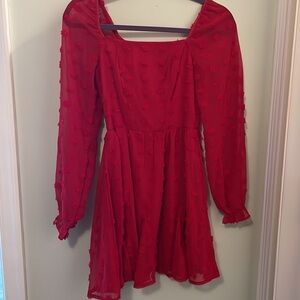 Red Swiss dot sheer long sleeve dress